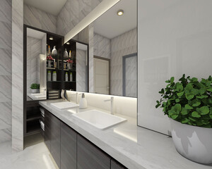 modern bathroom interior with washbasin cabinet and wall mirrors panel