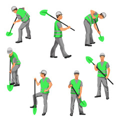 A set of vector figures of an asian worker with a shovel standing, walking, digging