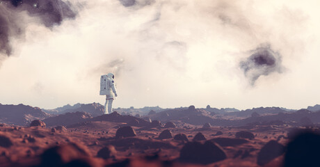 Astronaut exploring Mars, a red planet. Spacewalk