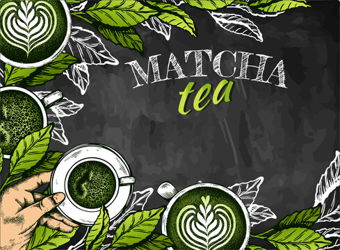 Sketch hand drawn pattern  of japanese matcha tea poster isolated on chalkboard. Drawing green tea template for cafe menu, packaging. Line art mug, cup, tea leaves. Vector illustration. Vintage style