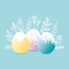 Three colorful Easter eggs with hand drawn plants on background