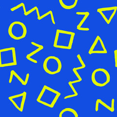 Seamless pattern with yellow geometric elements on blue background. Hand drawn vector design for textile, backgrounds, clothes, wrapping paper and wallpaper. Fashion illustration seamless pattern.