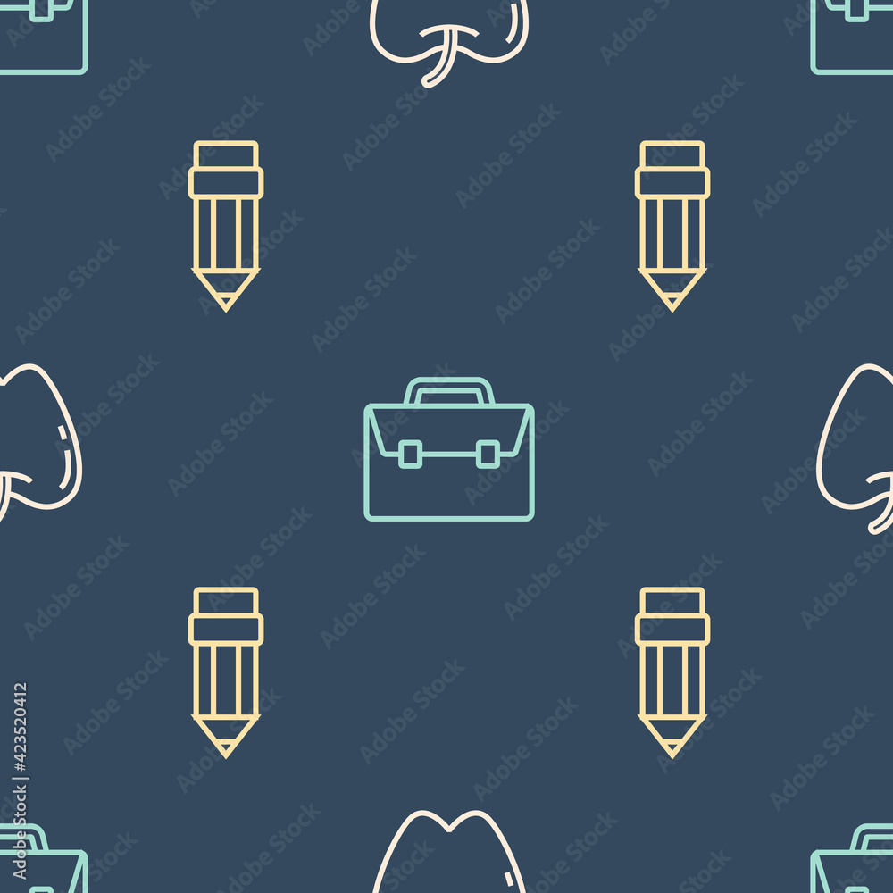 Poster set line apple, pencil with eraser and briefcase on seamless pattern. vector