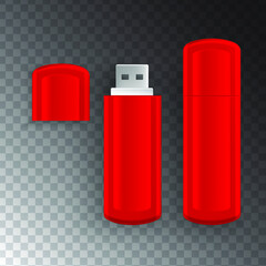 USB flash drive. Top view. Vector isolated USB pen drives, red flash disks. Eps 10 vector illustration.