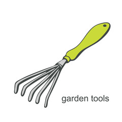 Garden small rake in doodle style on white background. Vector illustration