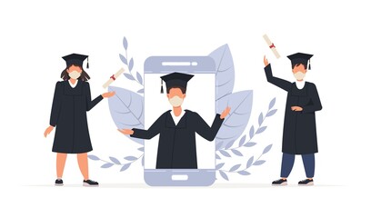 Online graduation ceremony, happy smiling graduate students with diploma, graduate hat stand at phone screens. Diverse young people remote virtual celebration meeting during quarantine