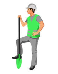 An asian worker stands with a shovel in his hands in work clothes