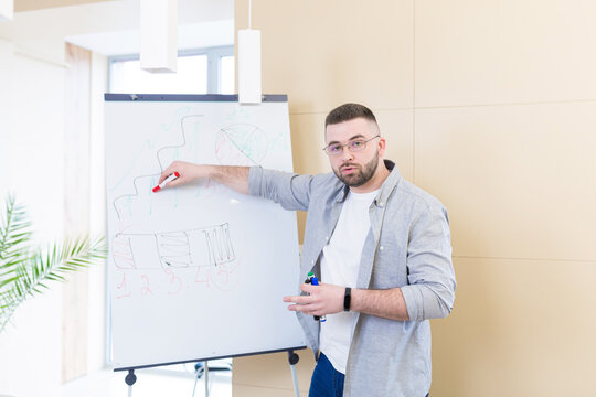 young business man in casual clothes online meeting presentation or training using a laptop webcam and a flipchart with markers. Businessman or coach teaches at home explaining a whiteboard chart