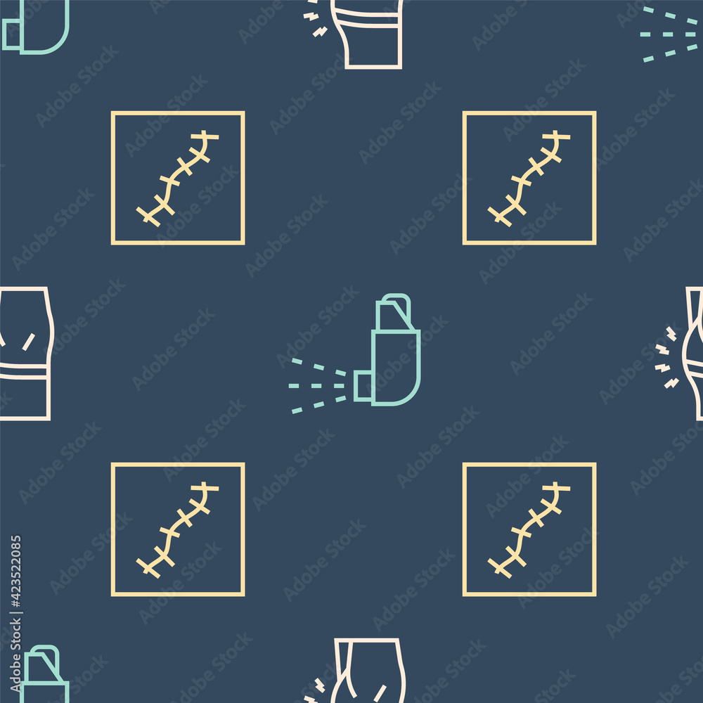 Poster set line abdominal bloating, scar with suture and inhaler on seamless pattern. vector