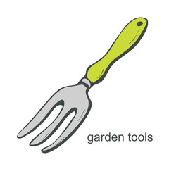 Garden fork in the style of doodles on a white background. Vector illustration