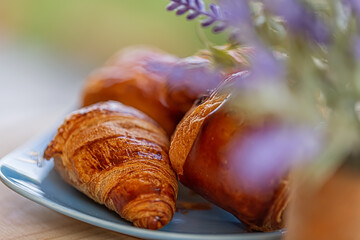 Tasty bun and french croissants on a blue plate. Dessert. Lavender flowers. Soft focus. Blurred green background. Close-up. 