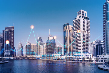 Skyscrapers of Dubai business downtown. International hub of trading and financial services of...