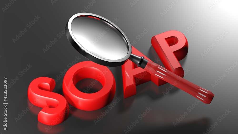 Poster soap red write on black surface, with magnifier over it - 3d rendering illustration