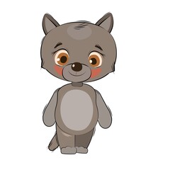 Little wolf cub. Isolated object on a white background. Cheerful kind animal child. Cartoons flat style. Funny. Vector