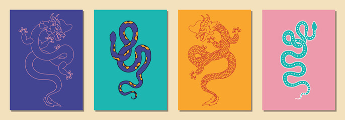 Set of hand drawn abstract dragons and snakes in modern, trendy colors, minimalism art.