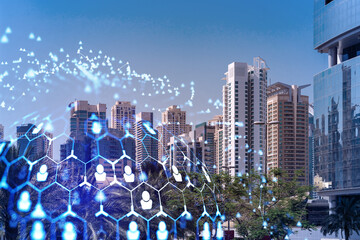 Panoramic view skyscrapers. Modern cityscape of the capital of the Emirate of Dubai. Recruitment and social relation concept. Double exposure.