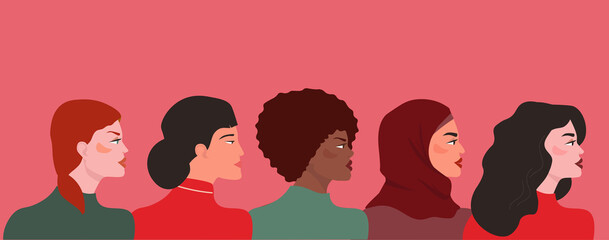Women of different races, hijab, nationalities, skin color, hair in profile, looking in one direction. The concept of feminism, female friendship, sisterhood, tolerance, equality. Vector graphics.