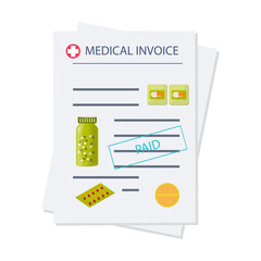 Online pharmacy, invoice, price list with a stamp: Paid. Drug List or Purchase Receipt. Paper medical document, with tablets, capsules and pills. Vector