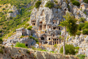 Ancient lycian rock tomb ruins in Demre, former Myra, Antalya, Turkey