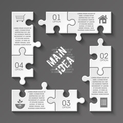 Four piece puzzle business presentation. Circle infograph. 4 step process diagram. Four section compare banner. Square schedule diagram
