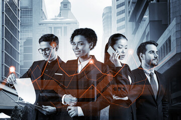 Group of business colleagues working on new venture capital and hi-tech start up and try to...