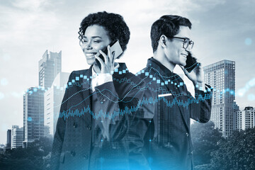 Two colleagues in multinational corporate team processing conference call to forecast the capital...