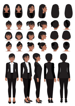 African American business woman cartoon character in black smart suit and different hairstyle for animation design vector collection