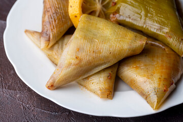 A delicious gourmet meal from traditional Turkish cuisine; Stuffed leek (Turkish name; Pirasa dolmasi, muska shaped pirasa)