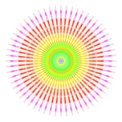 Creative multicolored points round symbol. Abstract symmetrical logo. Mosaic colorful beautiful beads. Circle dots modern pixel floral art icon. Colored pattern ornament wheel decorative illustration.