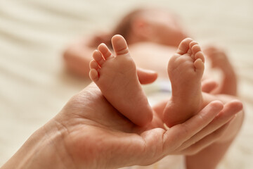 Baby feet in mother hands. Tiny newborn baby's feet on female hands. Mom and her child, mommy doing massage for infant, Beautiful image of maternity.