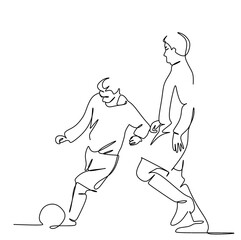 A linear drawing of two football players hitting the ball. Football players