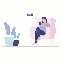 Illustration man with tablet sit down on the sofa