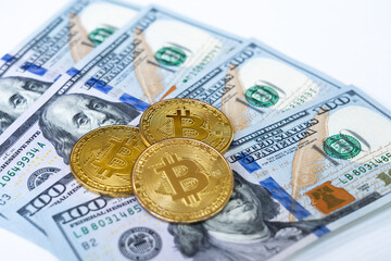Bitcoin figure on US dollar bank note with white background