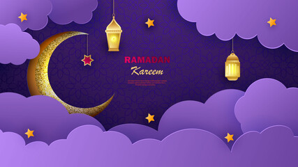 Ramadan Kareem horizontal banner with 3d arabesque stars and flowers. Vector. Greeting card, poster and voucher. Islamic crescent moon with hanging traditional lanterns in the clouds