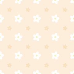 Chamomile, daisies seamless floral pattern. White on a light beige background. Endless patterns for textiles and fabrics, wrapping paper, packaging. Vector image. Flat style