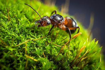 spring came, ants woke up from hibernation and began to crawl on green moss 