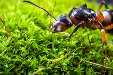 spring came, ants woke up from hibernation and began to crawl on green moss 