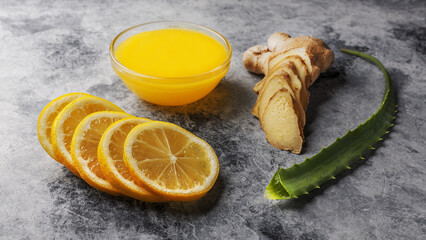 Lemon ,honey and ginger. Сoncept of healthy food, strengthening immunity and alternative therapy.
