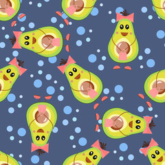 Avocado seamless pattern. Bows and a handbag. Cheerful fruits with soap bubbles for the shower. For textiles, fabrics, packaging. On a blue background. Endless ornament. Vector