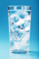 A glass with ice and clean water on a blue background.