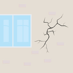 Crack on the wall of the house. A split near the window. Damaged plaster. The concept of defect, building destruction, repair or construction work. Bad, old condition of the house. Vector illustration