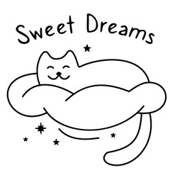 Cute cat sleeps on a cloud pillow.  Kitten sleep dreaming on cloud with stars.  Sweet Dreams. Sleeping Time.Vector flat cartoon illustration isolated on a white background. Doodle style.