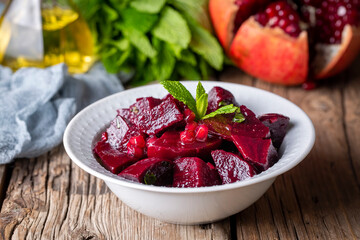 Traditional Turkish appetizers; Red beet salad (Turkish name; Pancar salatasi mezesi)