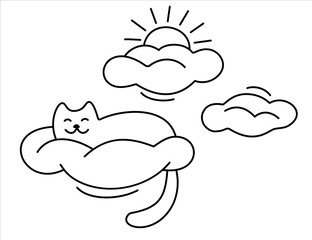 Fototapeta premium Cute cat sleeps on a cloud pillow against a background of sun and clouds. Cartoon Kitten asleep and dreams on sky. Black contours isolated on a white background. Vector image in a doodle style.