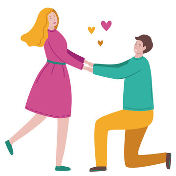 A man standing on one knee makes a proposal of marriage to his girlfriend. Man and woman are in love. Young couple holding hands. Vector flat illustration isolated on a white background.