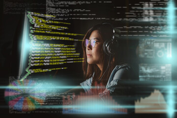 Asian Businesswoman working hard with front of computer desktop with programming source code and motion graphic over computer screen in work place at late times with exciting and serious action - 423530815