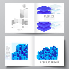 Vector layout of two covers template for square bifold brochure, flyer, magazine, cover design, book design, brochure cover. 3d render vector composition with realistic geometric blue shapes in motion