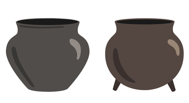 Cast iron or ceramic pots. Stylized pot of a leprechaun in a cartoon style. Witch Cauldron. Isolated on a white background. Flat vector illustration. 