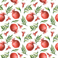 Red pommegranate, flowers and green leaves seamless pattern