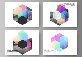 Vector layout of the presentation slides design business templates, multipurpose template with colorful hexagons, geometric shapes, tech background for presentation brochure, brochure cover, report.